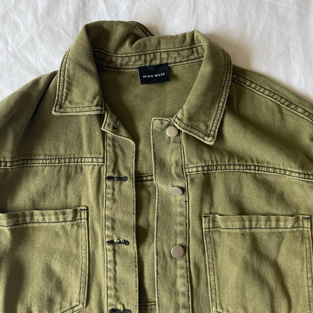 Miou Muse Cropped Denim Jacket in Army Green